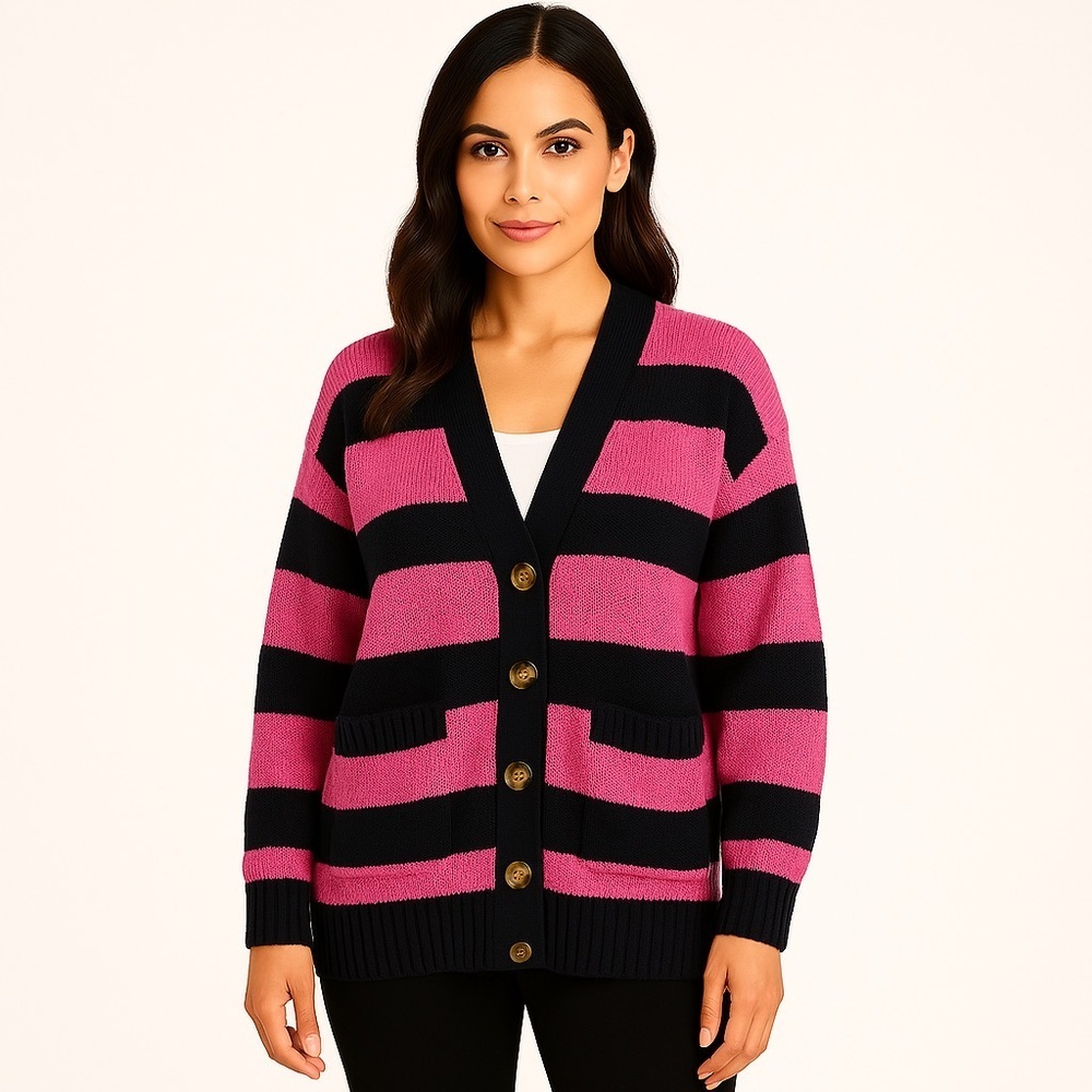LOFT PETITE Striped Relaxed V Neck Pocket Cardigan PINK NAVY STRIPED OVERSIZED